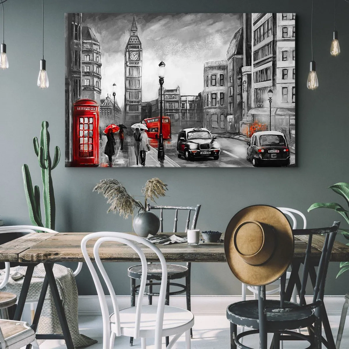 Obraz na plátne - Londýnska scéna v čiernobielej farbe s červenými akcentmi - 70x50cm - Vôbec nie šedé mesto - Moderná nástenná dekorácia do obývacej izby a spálne ARTTOR
