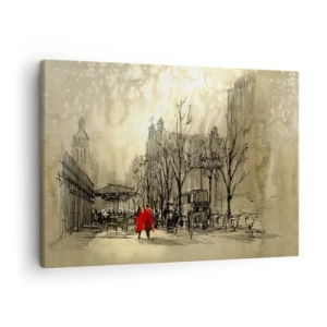 Obraz na plátne - Červená postava v nostalgickom mestskom prostredí - 70x50cm - Rande v londýnskej hmle  - Moderná nástenná dekorácia do obývacej izby a spálne ARTTOR