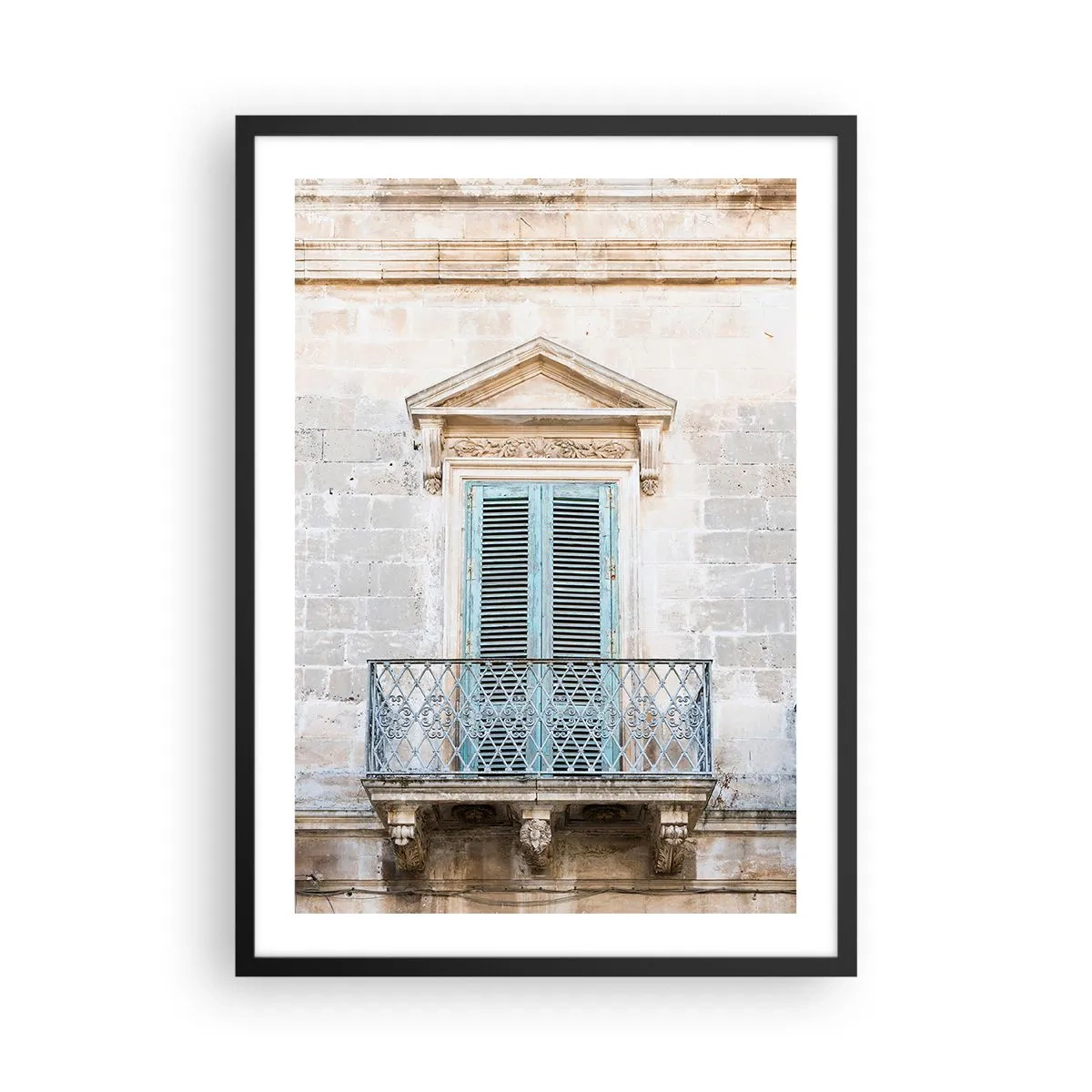 Plagát v čiernom ráme - Historický balkón s modrými okenicami v stredomorskom štýle - 50x70cm - Jedinečné kúzlo Talianska - Moderná nástenná dekorácia do obývacej izby a spálne ARTTOR