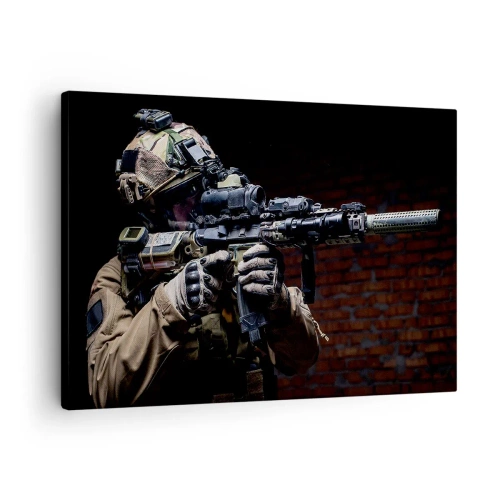 Obraz na plátne - Vojak v plnej výstroji s puškou - 70x50cm - Vražedne účinný - Moderná nástenná dekorácia do obývacej izby a spálne ARTTOR