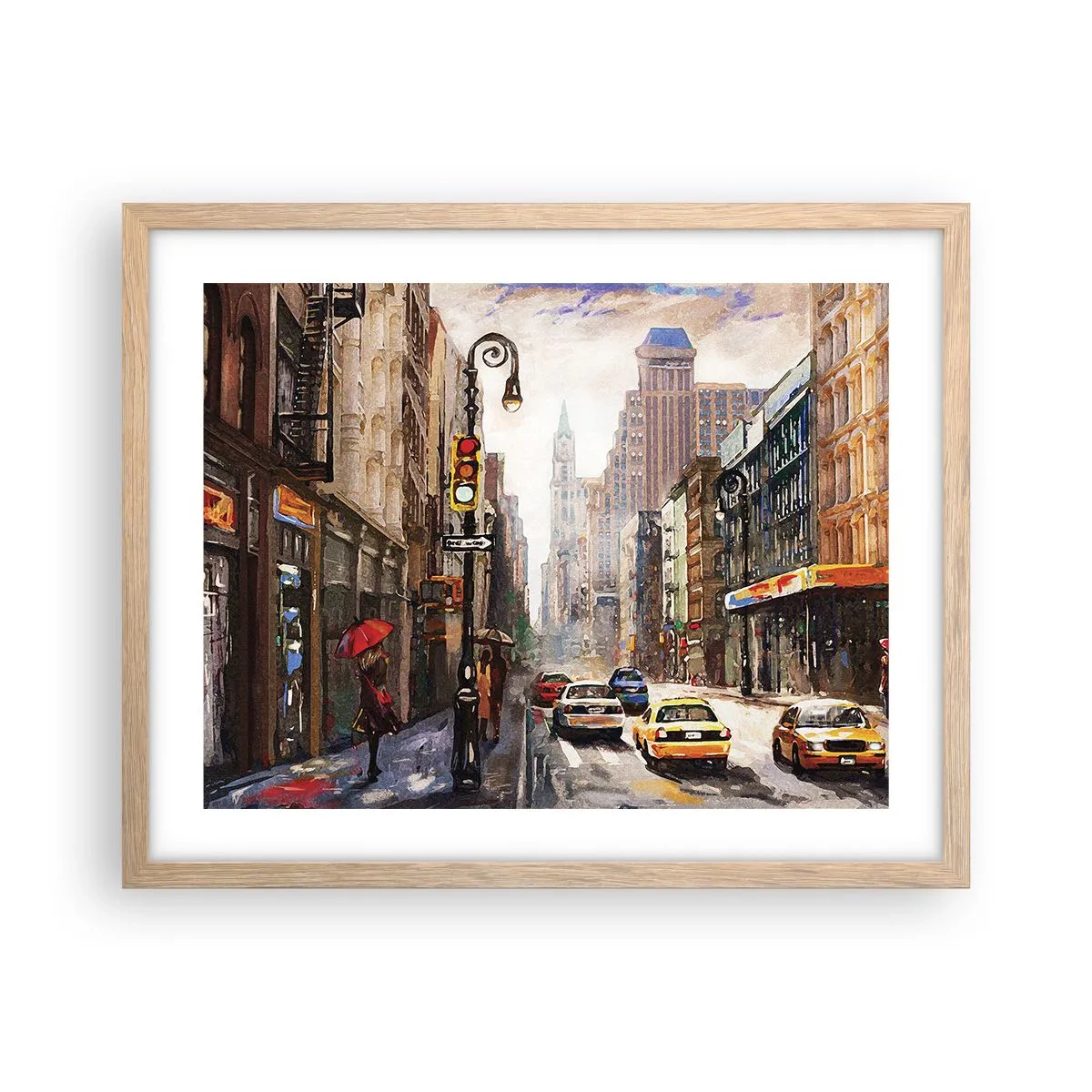 Plagát v ráme zo svetlého duba - New York – farebný aj v daždi - 50x40 cm