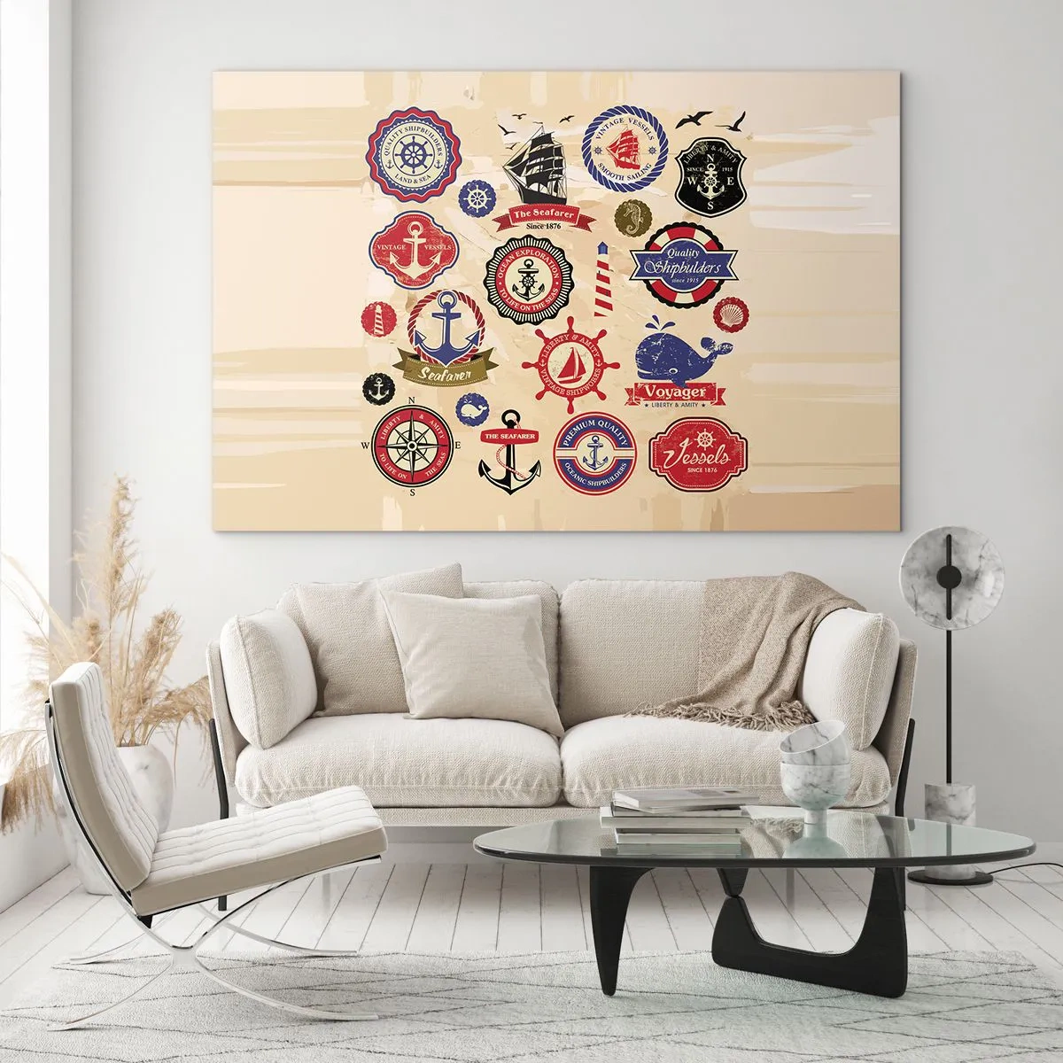 Obraz na skle - Námorné emblémy a symboly na béžovom pozadí - 70x50cm - Námornícke bratstvo - Moderná nástenná dekorácia do obývacej izby a spálne ARTTOR