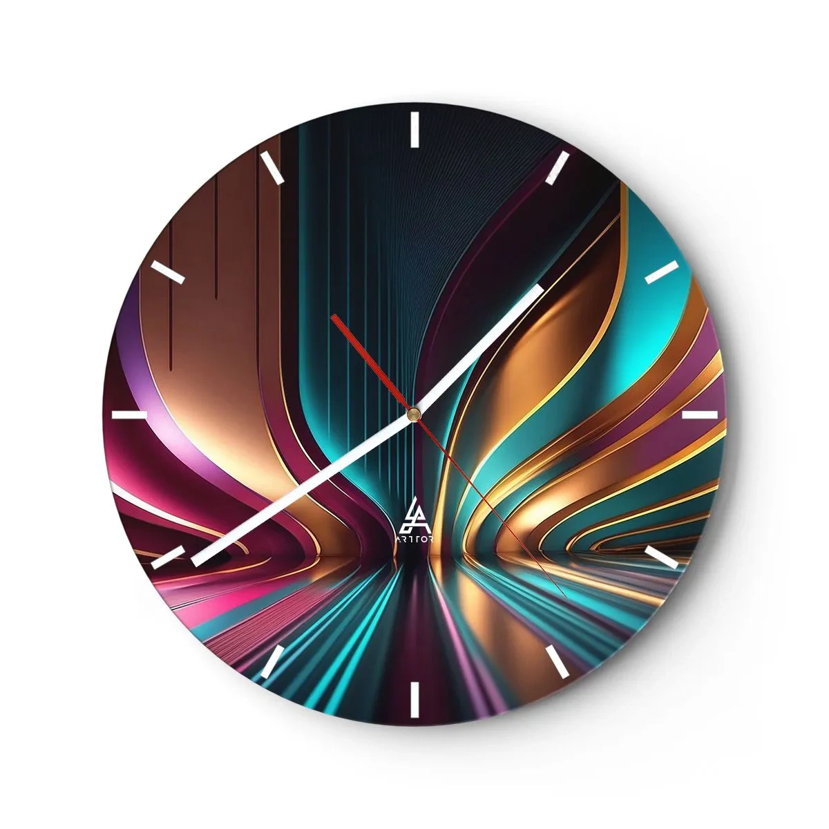 Nástenné hodiny - Futuristické svetelné čiary v zlatej, tyrkysovej a fialovej farbe - 30x30cm - Architektúra svetla - Moderná nástenná dekorácia do obývacej izby, kuchyne a spálne ARTTOR