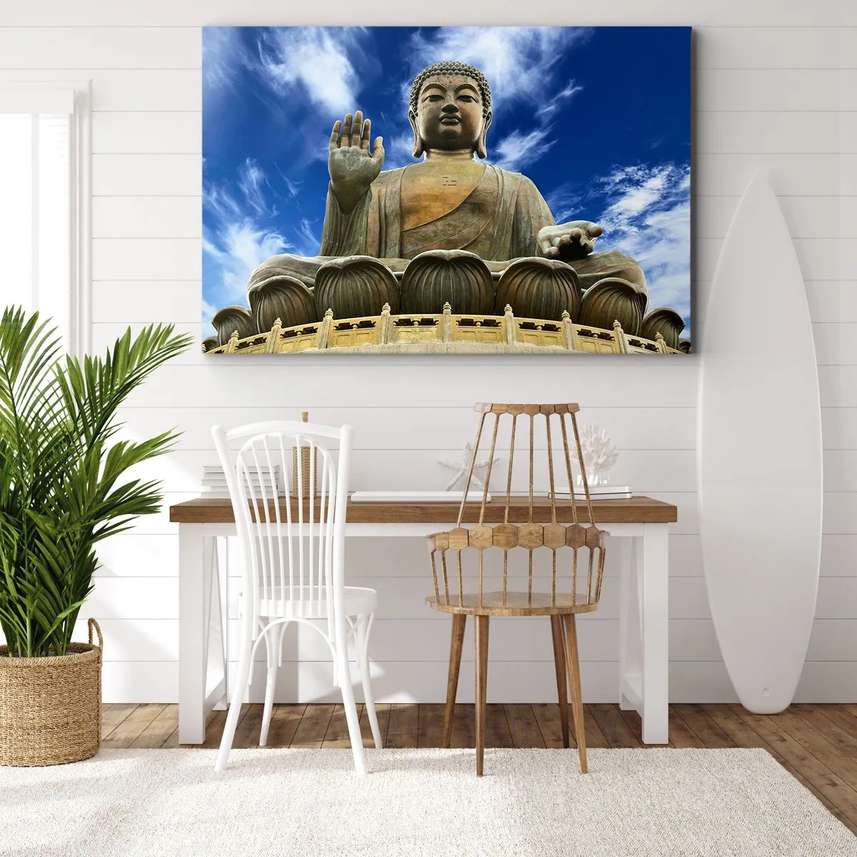 Obraz na plátne - Monumentálna socha Budhu proti modrej oblohe s oblakmi - 70x50cm - Ži bez strachu - Moderná nástenná dekorácia do obývacej izby a spálne ARTTOR