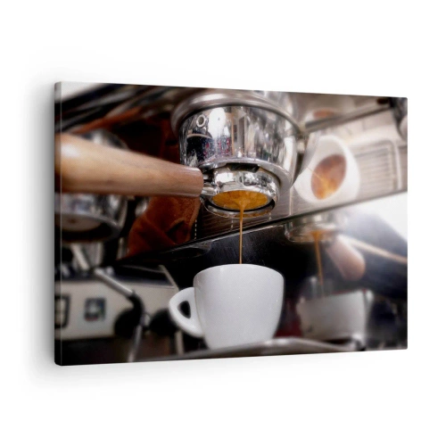 Obraz na plátne - Detailný záber na kávovar pripravujúci čerstvú dávku espressa - 70x50cm - Dobrá chvíľa dňa - Moderná nástenná dekorácia do obývacej izby a spálne ARTTOR