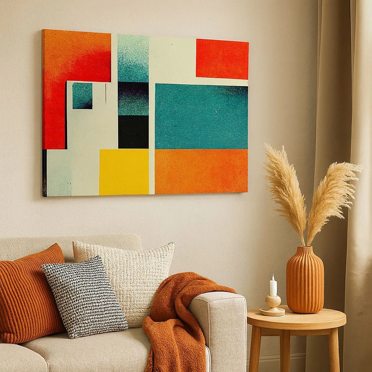 Obraz na plátne - Geometrická abstrakcia s farebnými obdĺžnikmi a štvorcami - 70x50cm - Geometrická abstrakcia – dobrá energia - Moderná nástenná dekorácia do obývacej izby a spálne ARTTOR