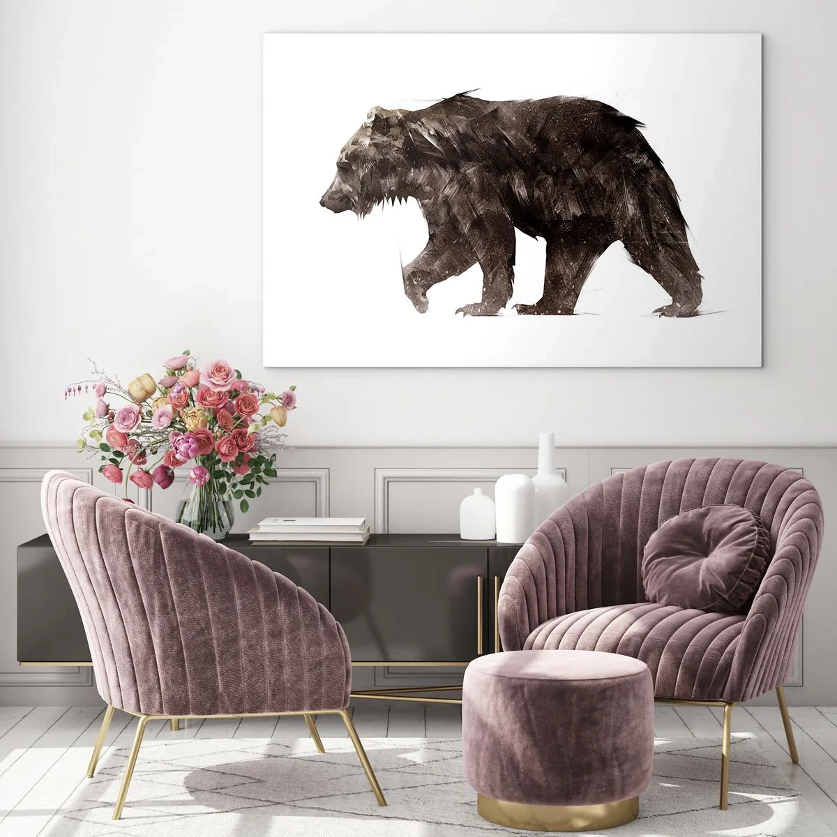 Obraz na skle - Umelecké zobrazenie hnedého medveďa v odtieňoch hnedej a čiernej. - 70x50cm - Vždy nosím naozajstný kožuch! - Moderná nástenná dekorácia do obývacej izby a spálne ARTTOR