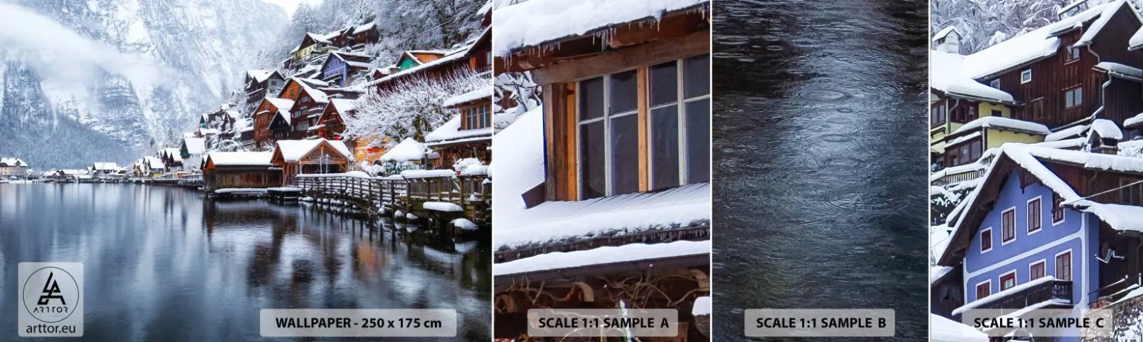 Vzorka samolepiacej fototapety Deluxe Sticker - V zimnej dekorácii - Krajina, Horská osada, Zima - 100x30 cm