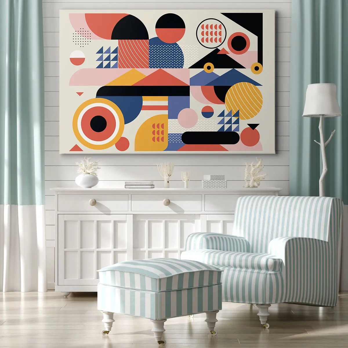 Obraz na plátne - Farebné geometrické tvary v retro štýle - 70x50cm - Kompozícia: poďme sa hrať - Moderná nástenná dekorácia do obývacej izby a spálne ARTTOR