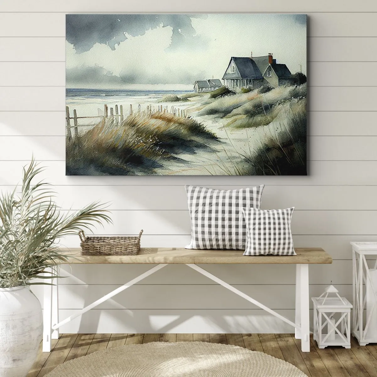 Obraz na plátne - Dom pri mori obklopený trávou s výhľadom na more - 70x50cm - Ďaleko od zhonu - Moderná nástenná dekorácia do obývacej izby a spálne ARTTOR