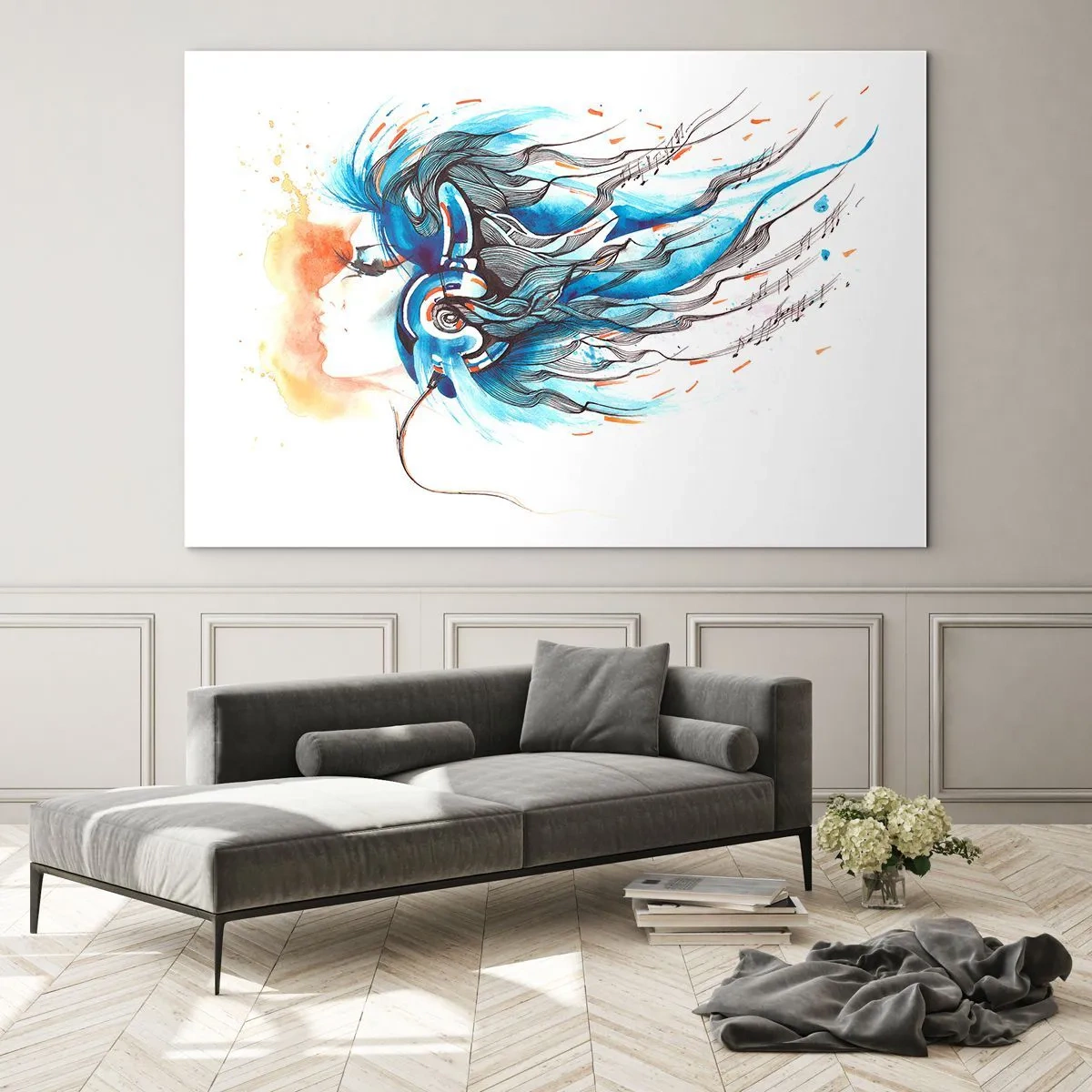 Obraz na skle - Žena s modrými vlasmi a slúchadlami s hudobným výrazom - 70x50cm - Nech hrá hudba - Moderná nástenná dekorácia do obývacej izby a spálne ARTTOR