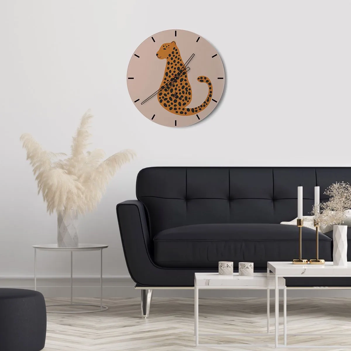 Nástenné hodiny - Štylizovaný panter na béžovom pozadí - 30x30cm - Leopardný vzor je v móde - Moderná nástenná dekorácia do obývacej izby, kuchyne a spálne ARTTOR