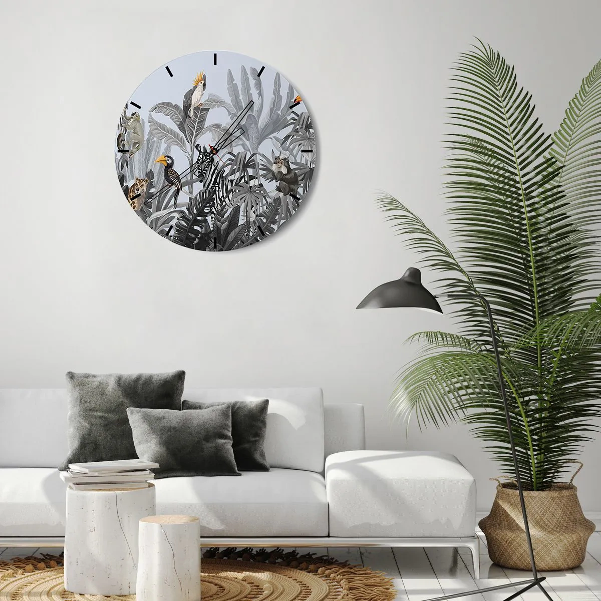 Nástenné hodiny - Tropické rastliny s exotickými zvieratami na pozadí džungle - 30x30cm - Africká rozprávka - Moderná nástenná dekorácia do obývacej izby, kuchyne a spálne ARTTOR