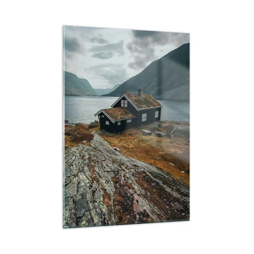 Obraz na skle - Domček pri fjorde - 50x70 cm