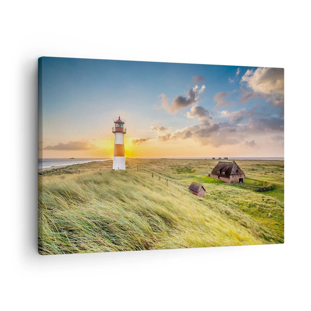 Obraz na plátne - Maják s lúkami a domami zaliatymi slnkom v pozadí - 70x50cm - Medzi vlnami - Moderná nástenná dekorácia do obývacej izby a spálne ARTTOR