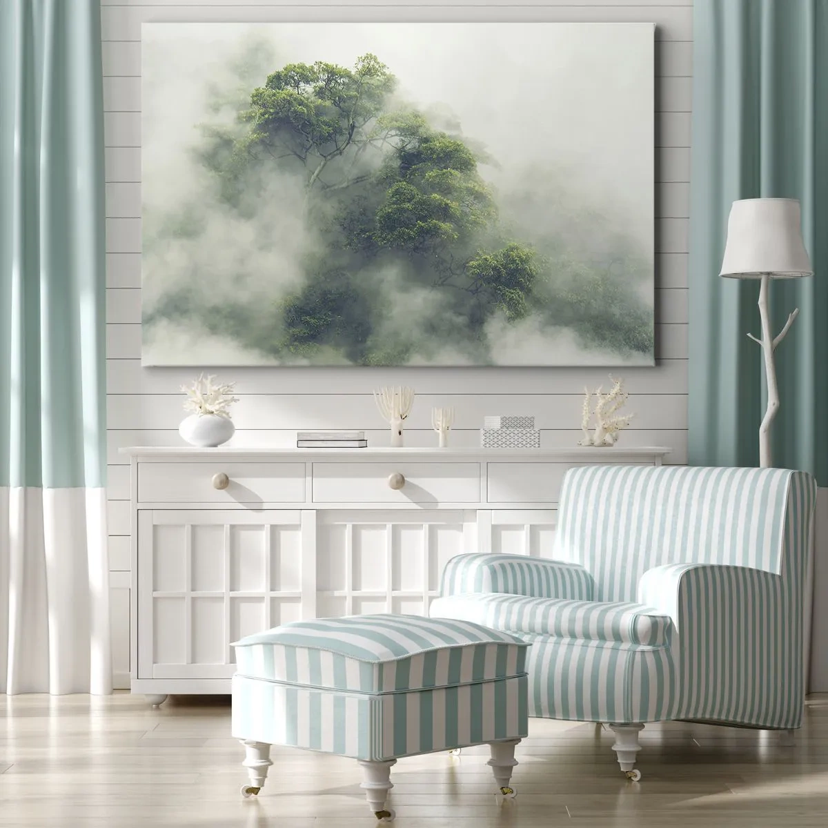 Obraz na plátne - Zelené stromy v hustej hmle na prirodzenom pozadí - 70x50cm - Zahalené hmlou - Moderná nástenná dekorácia do obývacej izby a spálne ARTTOR