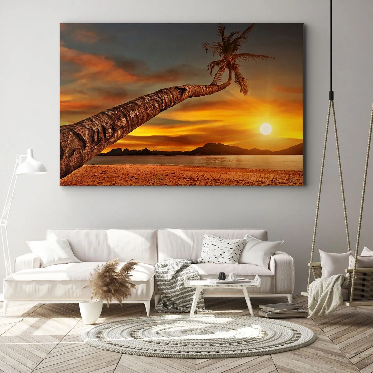 Obraz na plátne - Palma na pláži pri západe slnka s výhľadom na more - 70x50cm - Exotické prázdniny, karibské dobrodružstvo - Moderná nástenná dekorácia do obývacej izby a spálne ARTTOR