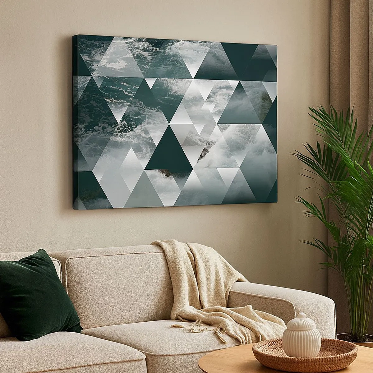 Obraz na plátne - Geometrický vzor s motívom vĺn v odtieňoch zelenej - 70x50cm - Krištáľová perspektíva - Moderná nástenná dekorácia do obývacej izby a spálne ARTTOR