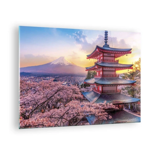 Obraz na skle - Pagoda v japonskej krajine s výhľadom na horu Fudži a kvitnúce stromy - 70x50cm - Podstata japonského ducha - Moderná nástenná dekorácia do obývacej izby a spálne ARTTOR