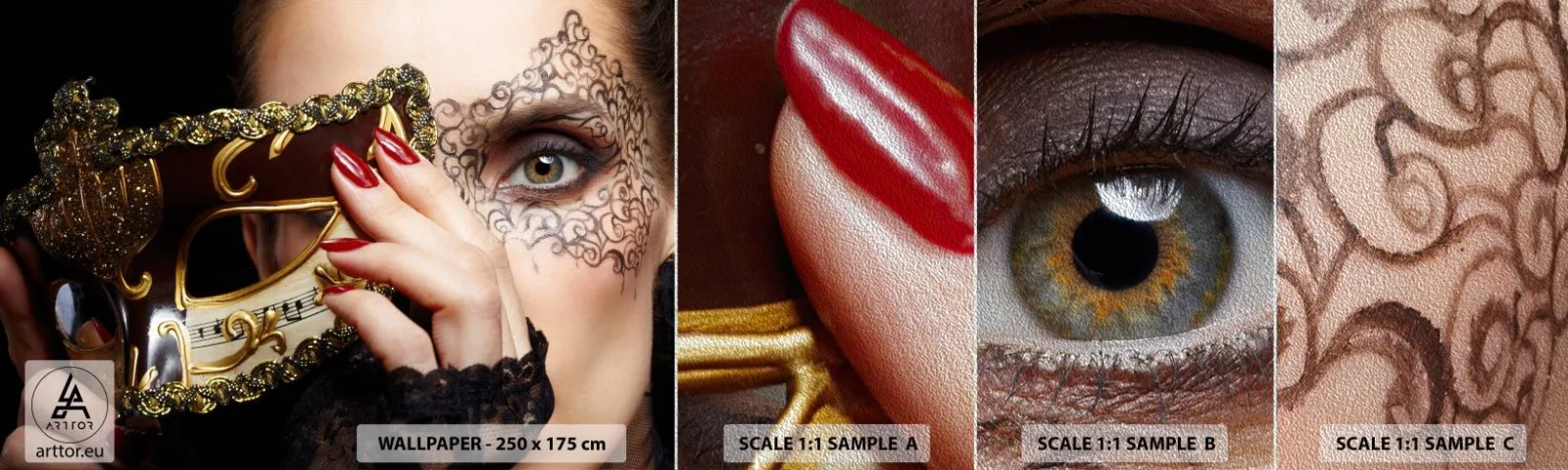 Vzorka fototapety Premium Sand - Môj svet je barokový - Žena, Benátska maska, Lopta - 100x30 cm