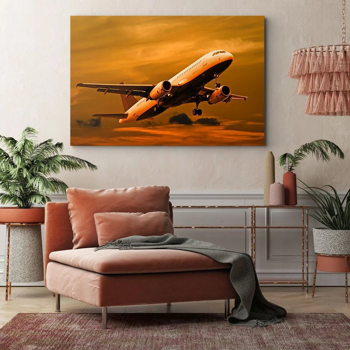 Obraz na plátne - Osobné lietadlo vzlietajúce na pozadí zlatistej oblohy pri západe slnka. - 70x50cm - Let smerom k slnku - Moderná nástenná dekorácia do obývacej izby a spálne ARTTOR