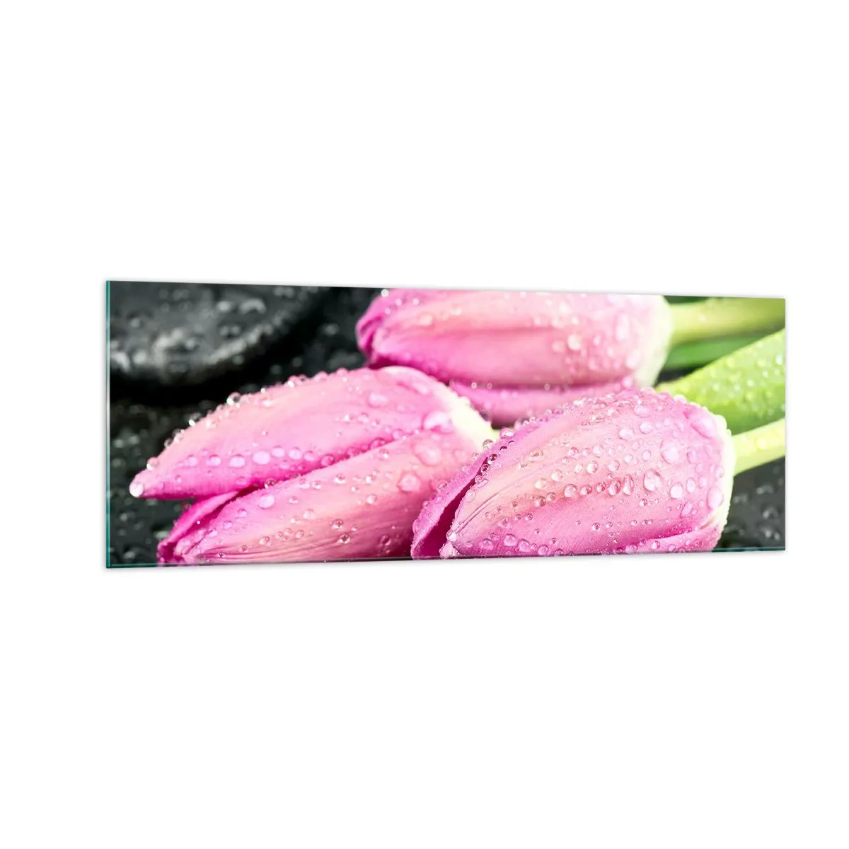 Obraz na skle - Ľaliová trojica na čiernom kameni - 140x50 cm