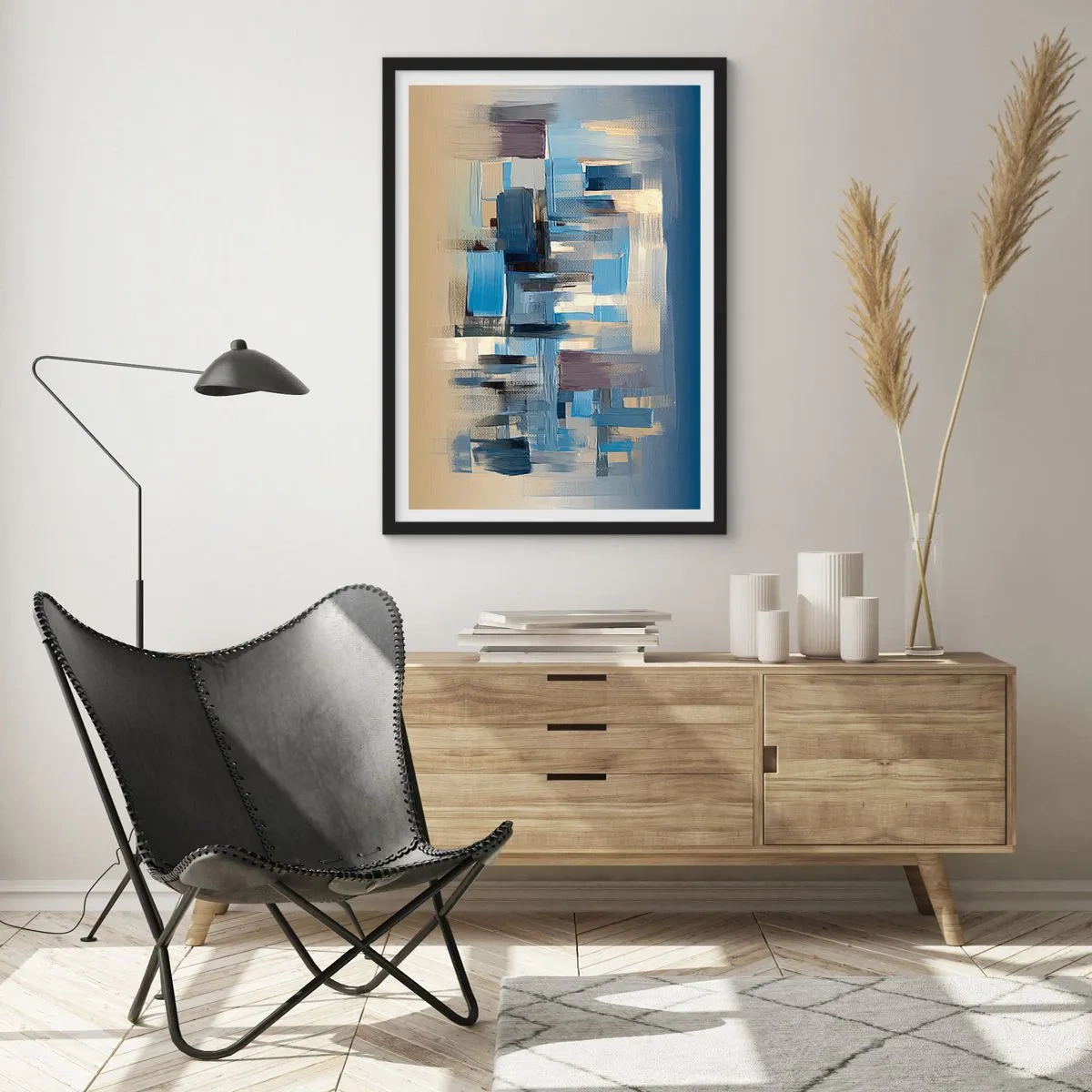 Plagát v čiernom ráme - Abstraktná geometrická kompozícia v odtieňoch modrej - 50x70cm - Modrá konštrukcia - Moderná nástenná dekorácia do obývacej izby a spálne ARTTOR
