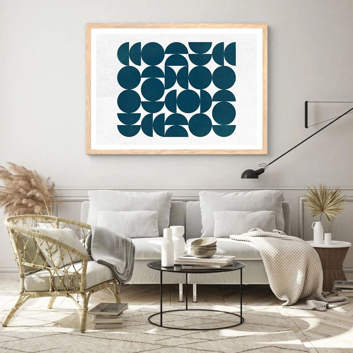 Plagát v ráme zo svetlého duba - Kruhy a polkruhy - 70x50 cm