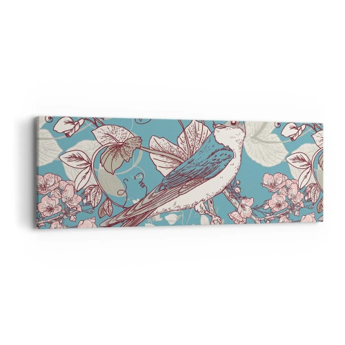 Obraz na plátne - Na bielom strome vtáky a strieborné lístie - 90x30 cm