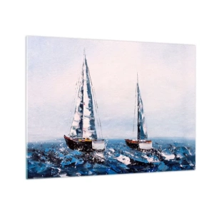 Obraz na skle - Dve jachty na rozbúrenom mori v impresionistickom maliarskom štýle. - 70x50cm - Bratstvo vetra - Moderná nástenná dekorácia do obývacej izby a spálne ARTTOR