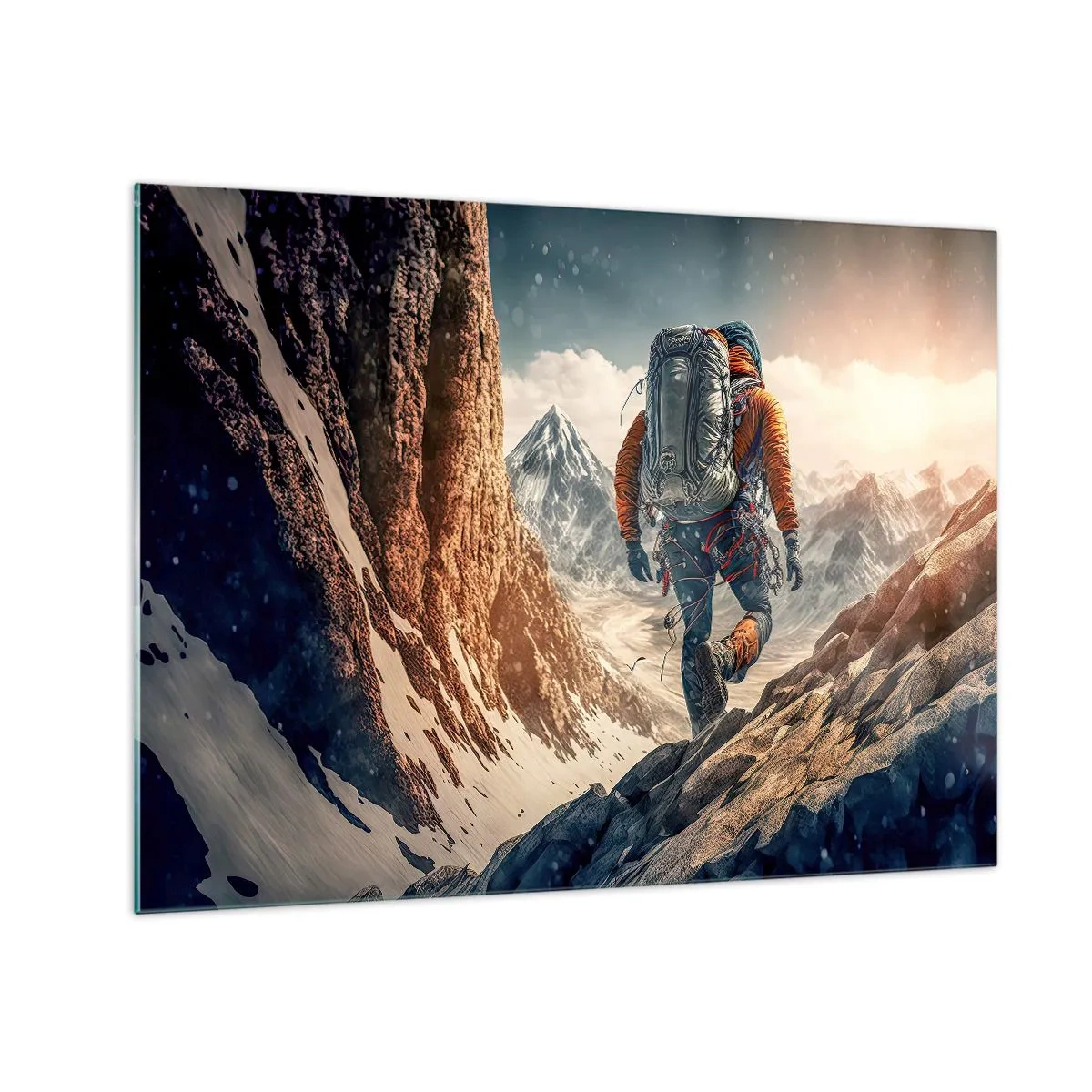 Obraz na skle - Turista stúpajúci po skalnatom, zasneženom horskom svahu - 70x50cm - Osamelý bojovník - Moderná nástenná dekorácia do obývacej izby a spálne ARTTOR
