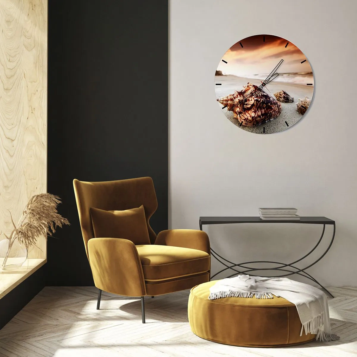 Nástenné hodiny - Mušle na pláži v lúčoch zapadajúceho slnka - 30x30cm - Vyhnankyne vĺn - Moderná nástenná dekorácia do obývacej izby, kuchyne a spálne ARTTOR