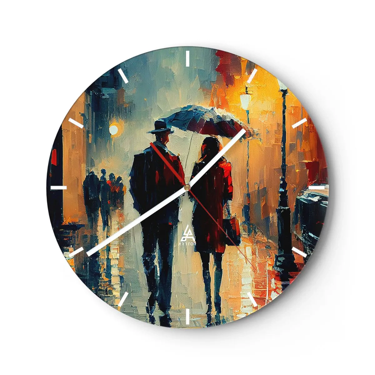 Nástenné hodiny - Pár pod dáždnikom v mestskom prostredí namaľovaný špachtľou - 30x30cm - Mestská love story - Moderná nástenná dekorácia do obývacej izby, kuchyne a spálne ARTTOR