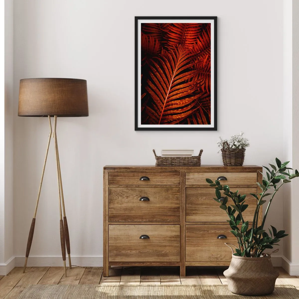 Plagát v čiernom ráme - Červené palmové listy v umeleckom osvetlení - 50x70cm - Žiar života - Moderná nástenná dekorácia do obývacej izby a spálne ARTTOR