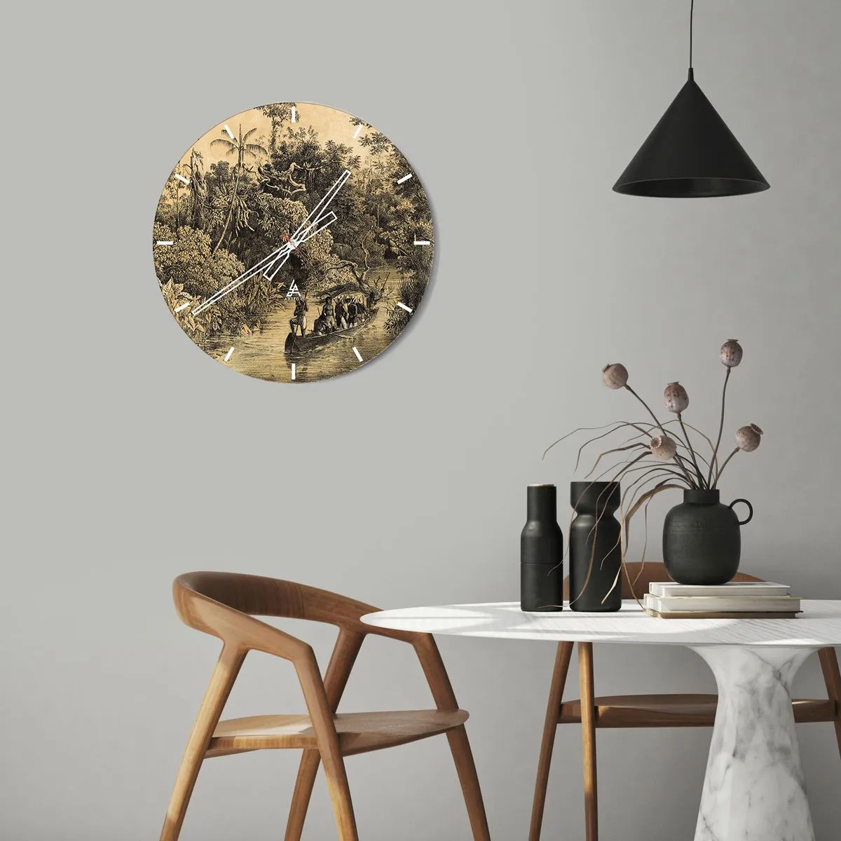 Nástenné hodiny - Retro ilustrácia expedície do tropickej džungle - 30x30cm - Výlet k zdroju - Moderná nástenná dekorácia do obývacej izby, kuchyne a spálne ARTTOR