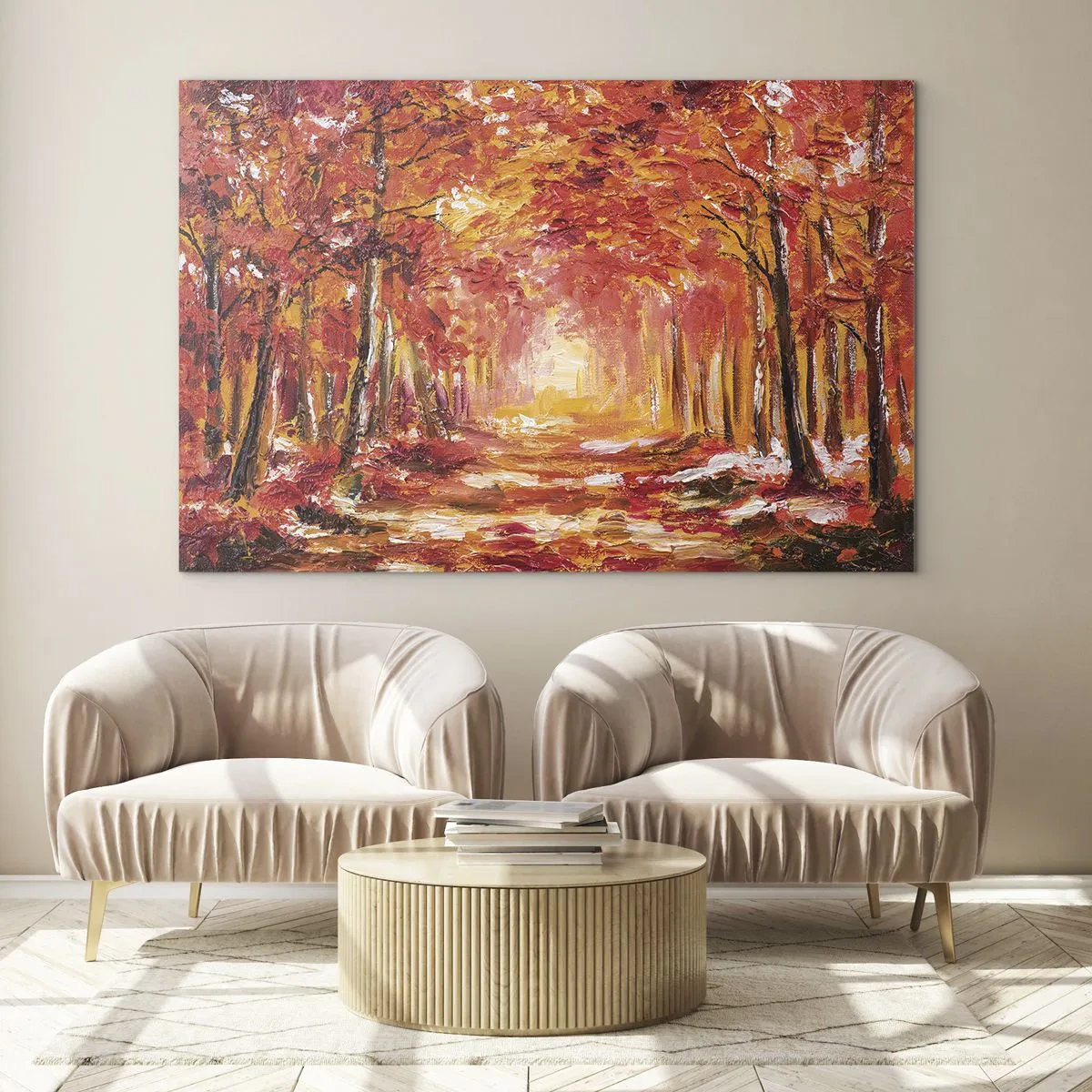 Obraz na skle - Jesenná krajina so stromami v teplých farbách - 70x50cm - Medený les - Moderná nástenná dekorácia do obývacej izby a spálne ARTTOR