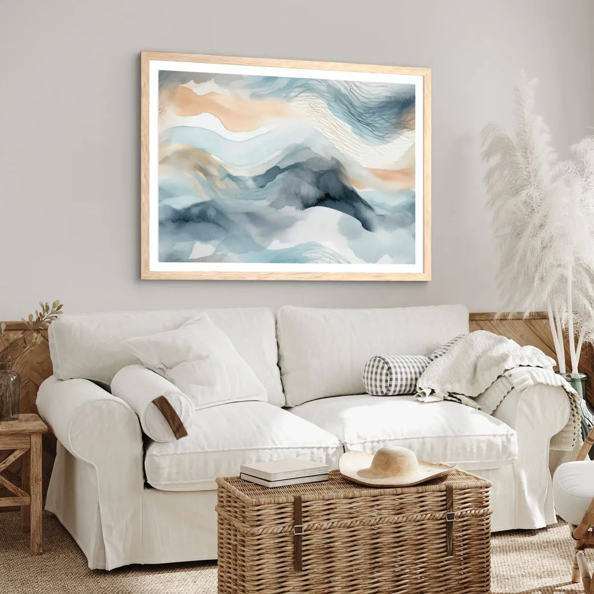Plagát v ráme zo svetlého duba - Abstrakcia snehu a hmly - 100x70 cm