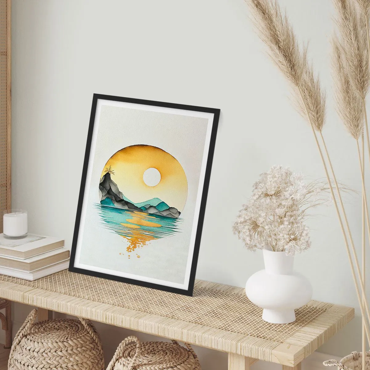 Plagát v čiernom ráme - Minimalistická krajina hôr nad vodou v zlatých farbách - 50x70cm - V kruhu krásy - Moderná nástenná dekorácia do obývacej izby a spálne ARTTOR
