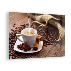 Obraz na skle - Šálka kávy so škoricou a kávovými zrnami na drevenom stole - 70x50cm - Pikantná chuť a aróma - Moderná nástenná dekorácia do obývacej izby a spálne ARTTOR