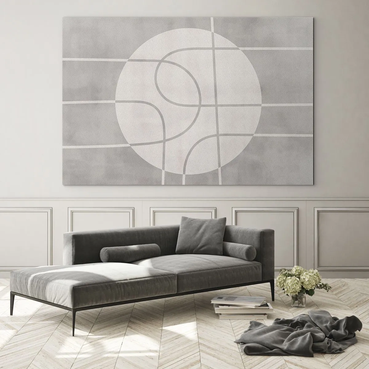 Obraz na skle - Béžové čiary a kruhy vytvárajúce geometrickú kompozíciu - 70x50cm - Kruhovo a priamo - Moderná nástenná dekorácia do obývacej izby a spálne ARTTOR