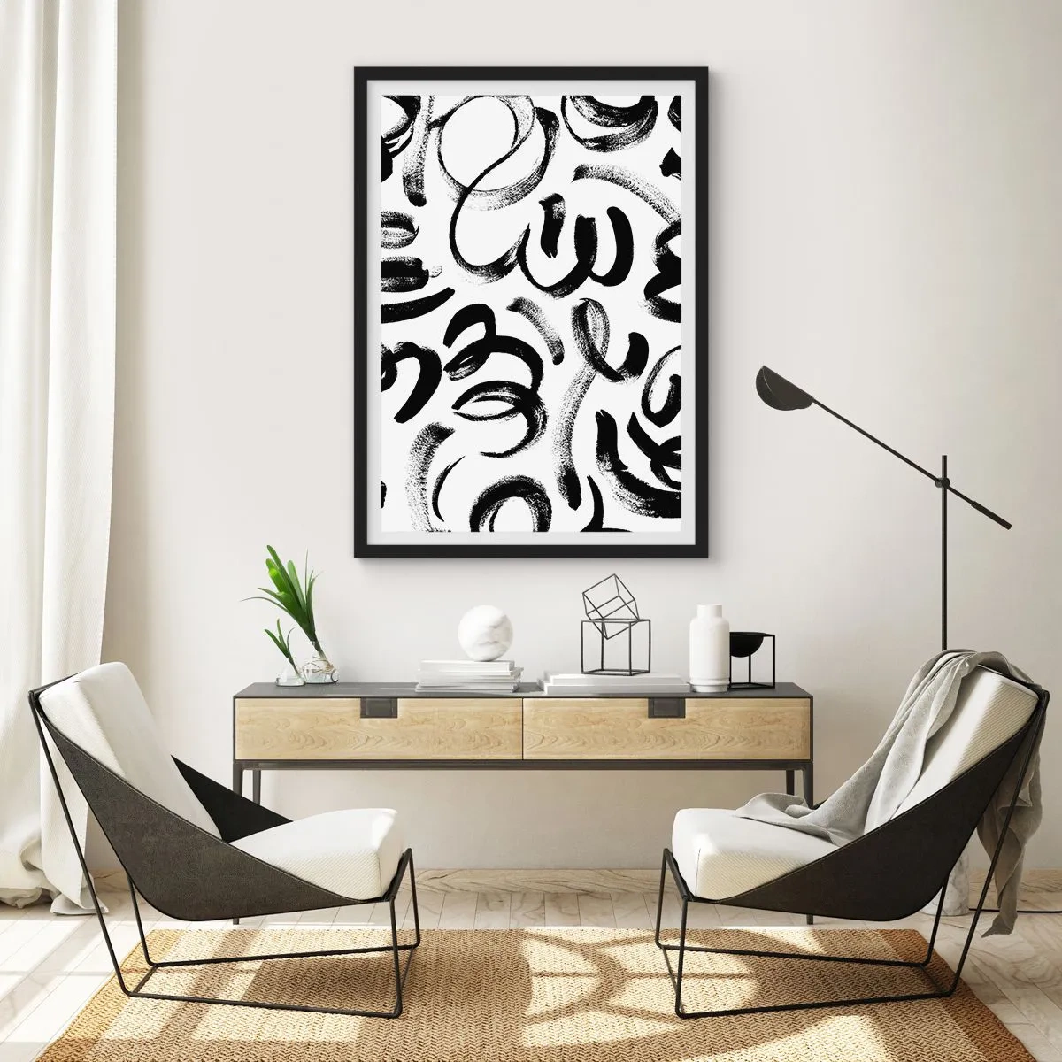 Plagát v čiernom ráme - Abstraktné čierne ťahy štetcom na bielom pozadí - 50x70cm - Čierne na bielom - Moderná nástenná dekorácia do obývacej izby a spálne ARTTOR