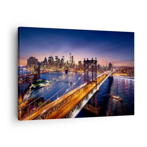 Obraz na plátne - Most a panoráma mesta pri západe slnka - 70x50cm - Žiariaci most do srdca mesta - Moderná nástenná dekorácia do obývacej izby a spálne ARTTOR