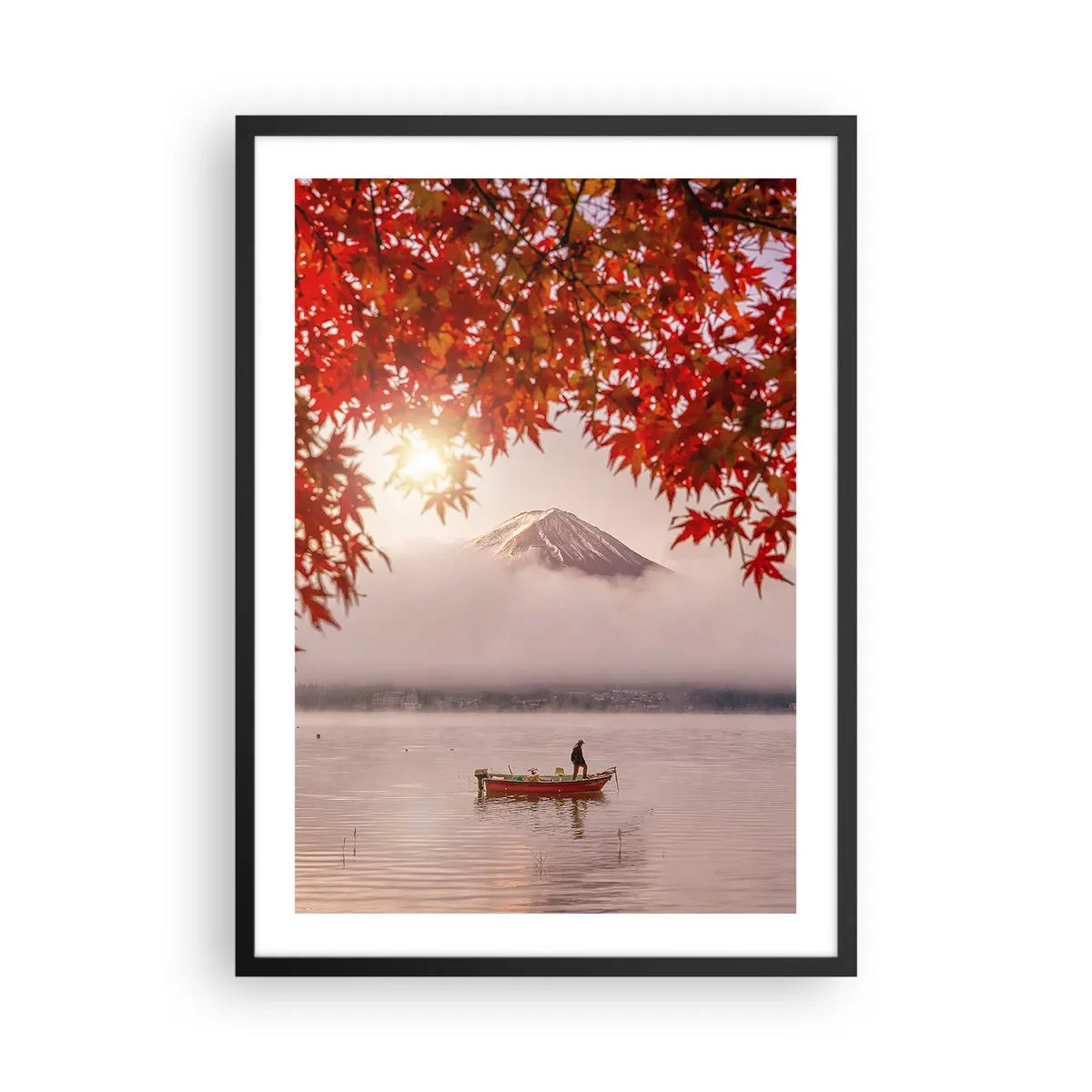 Plagát v čiernom ráme - Hora Fudži s loďkou na jazere a jesennými listami - 50x70cm - V japonskom štýle - Moderná nástenná dekorácia do obývacej izby a spálne ARTTOR