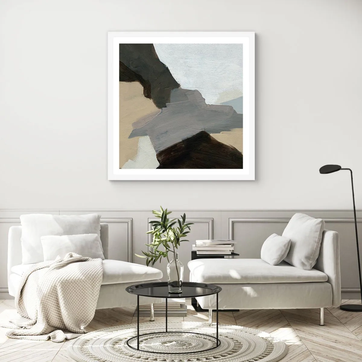 Plagát v bielom ráme - Abstrakcia: križovatka šedej - 60x60 cm