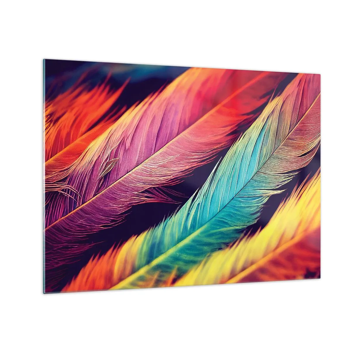 Obraz na skle - Farebné perie v intenzívnych dúhových odtieňoch - 70x50cm - Operená dúha - Moderná nástenná dekorácia do obývacej izby a spálne ARTTOR