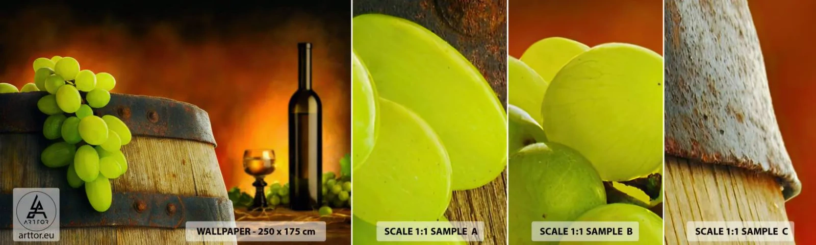 Vzorka Fototapeta Standard Eco - Zátišie s fľašou vína a hroznom - Hrozno, Víno, Sud vína - 100x30 cm