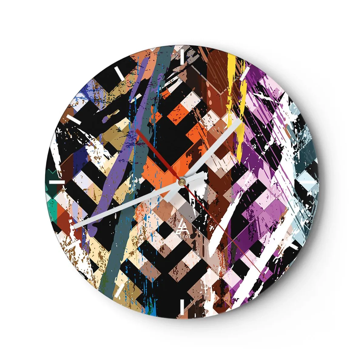Nástenné hodiny - Geometrické vzory v intenzívnych farbách s abstraktným efektom - 30x30cm - Umocnené na druhú - Moderná nástenná dekorácia do obývacej izby, kuchyne a spálne ARTTOR