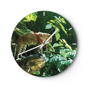Nástenné hodiny - Leopard v džungli na pozadí zelených listov - 30x30cm - Na lov? - Moderná nástenná dekorácia do obývacej izby, kuchyne a spálne ARTTOR