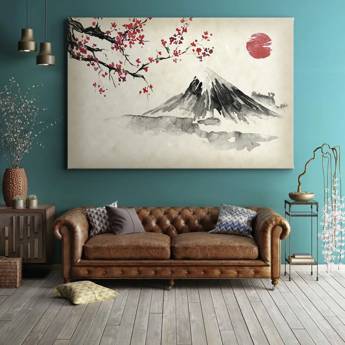 Obraz na plátne - Malebná krajina s horou, čerešňovými kvetmi a slnečným svitom - 70x50cm - Zamilujte sa do Japonska - Moderná nástenná dekorácia do obývacej izby a spálne ARTTOR
