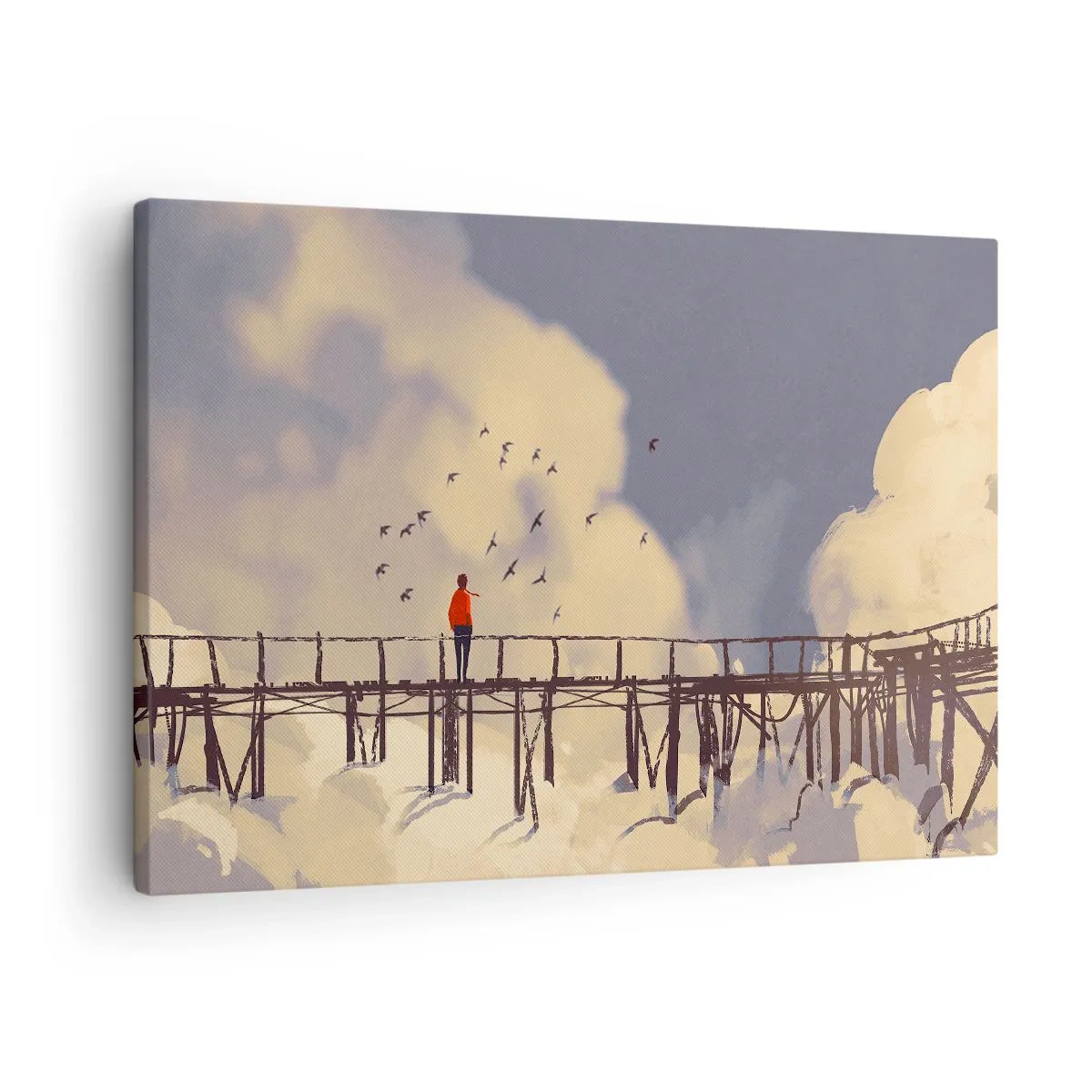 Obraz na plátne - Postava na moste medzi oblakmi s vtákmi na oblohe - 70x50cm - Modrý stesk - Moderná nástenná dekorácia do obývacej izby a spálne ARTTOR